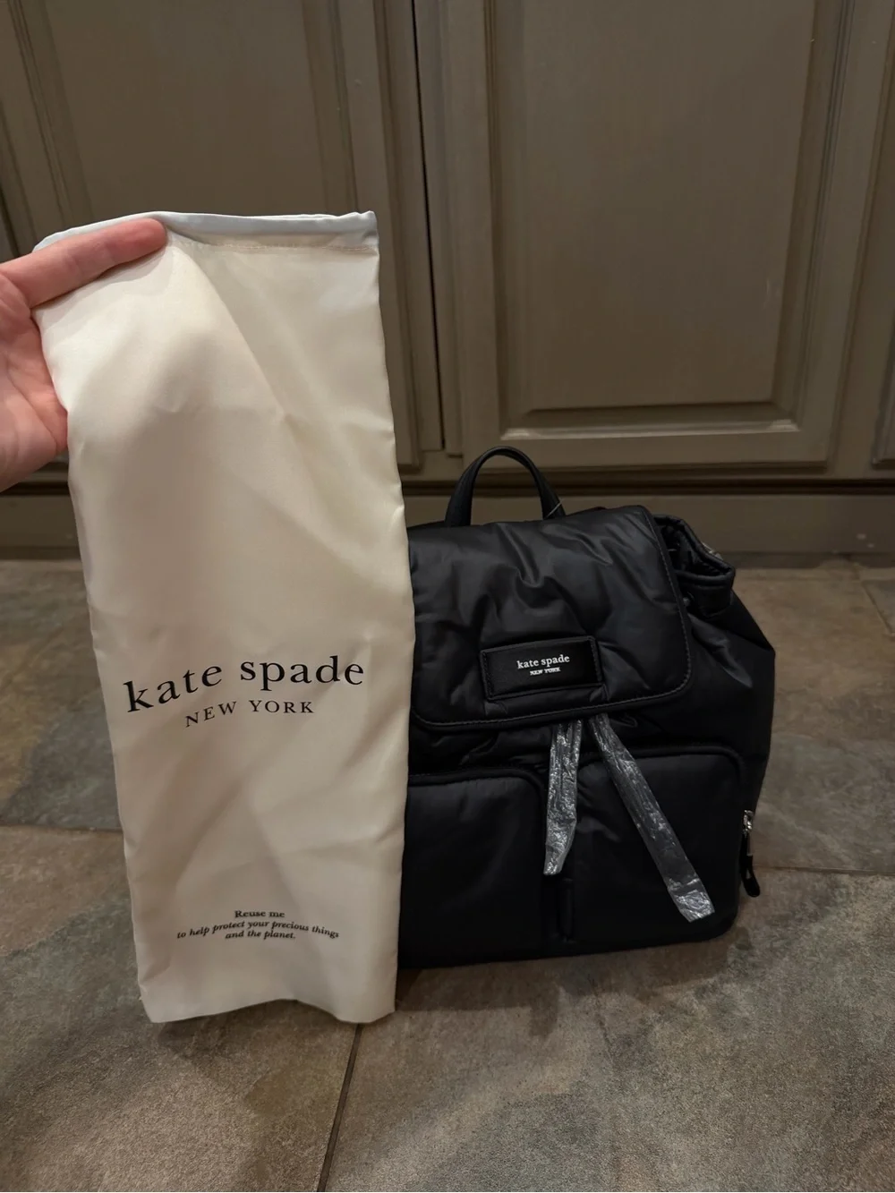 kate spade Black Nylon Roll-Top Backpack with Front Pockets